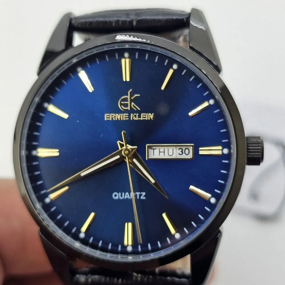 Ernie Klein 38MM Men’s Watch Blue Dial Black‎ Case Day Date Black Leather Bands